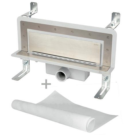 Sumidero vertical de pared. Sifón 30 mm. Salida frontal encolar 40H - 50M y lámina impermeabilizante