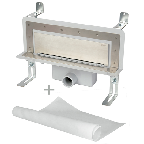 Sumidero vertical de pared. Sifón 50 mm. Salida frontal encolar 40H -50M y lámina impermeabilizante