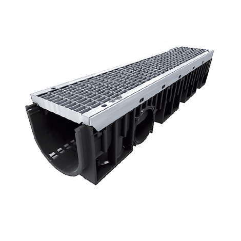 Canaleta reforzada con protección de acero galvanizado con 1 rejilla enrejada de acero galvanizado. Ancho 150, clase B-125