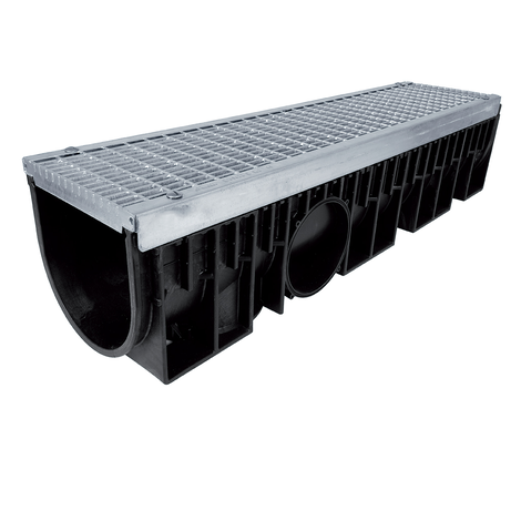 Canaleta reforzada con protección de acero galvanizado con 1 rejilla enrejada de acero galvanizado. Ancho 200, clase B-125