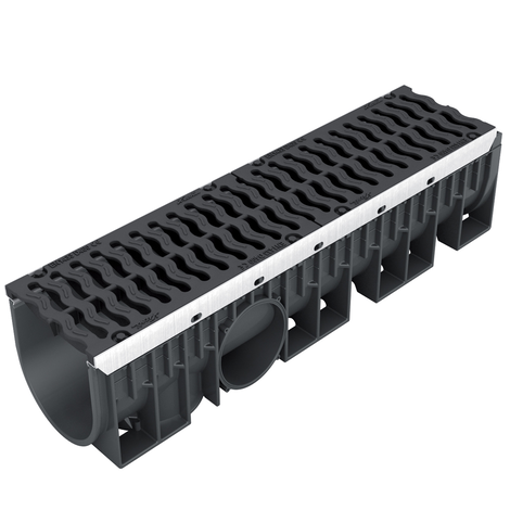 Canaleta reforzada con protección de acero galvanizado con 2 rejillas de fundición. Ancho 200, clase D-400