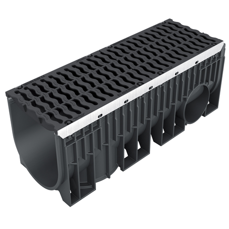 Canaleta reforzada con protección de acero galvanizado con 2 rejillas de fundición. Ancho 300, clase D-400