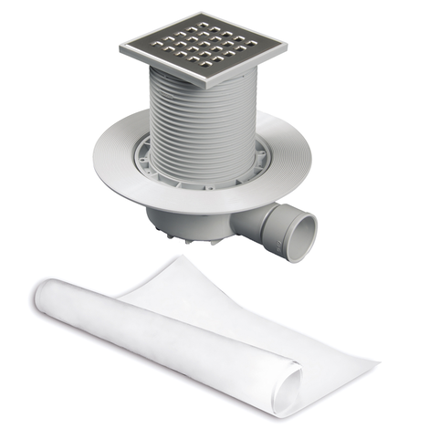 Sumidero sifónico para plato de ducha de obra, salida horizontal. Rejilla 100 mm. Sifón 50 mm. Con lámina impermeabilizante de tela geotextil 2 x 1,5 m, premontada
