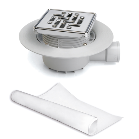 Sumidero sifónico para plato de ducha de obra, salida horizontal. Rejilla 100 mm. Sifón 50 mm. Con lámina impermeabilizante de tela geotextil 2 x 1,5 m, premontada