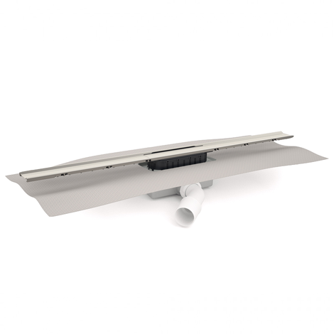 Canaleta Linnum de ancho 40 mm para plato de ducha de obra. Salida FRONTAL ORIENTABLE 40/50M. Sifón 30 mm. Con lámina geotextil fijada