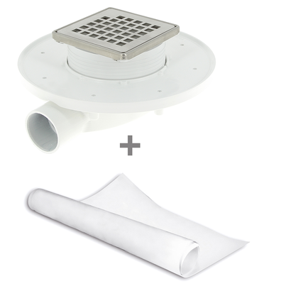 <b>MAGNETECH</B> Sumidero compacto para plato de ducha obra. Rejilla 100 mm. Con lámina impermeabilizante de tela geotextil 2x1,5 m