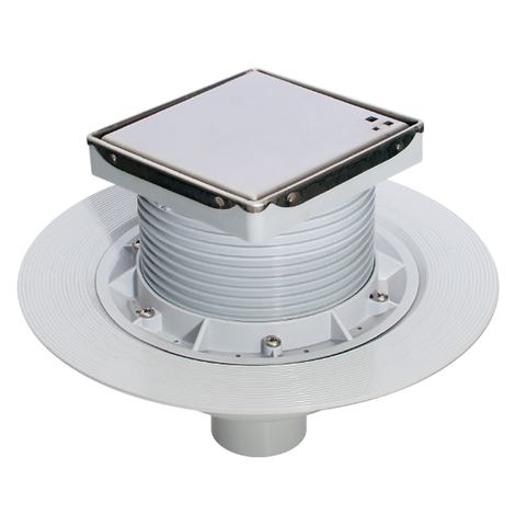 Sumidero para plato de ducha de obra, salida vertical. Rejilla 120 mm de Acero Inoxidable. Sifón 50 mm.