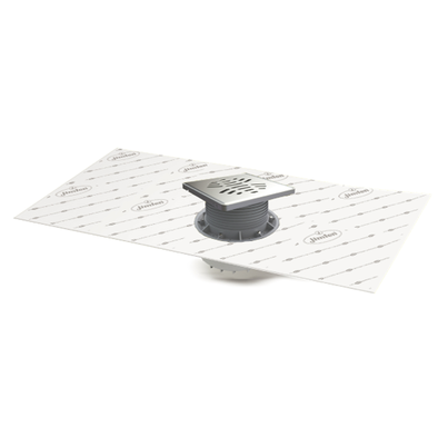 Sumidero para plato de ducha de obra, salida horizontal. Rejilla 150 mm de Acero Inoxidable. Sifón 50 mm. Con lámina impermeabilizante de tela geotextil 2 x 1,5 m premontada.