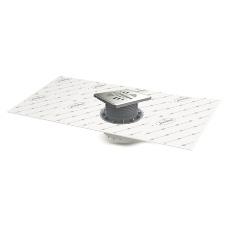 Sumidero para plato de ducha de obra, salida vertical. Rejilla 150 mm de Acero Inoxidable. Sifón 50 mm. Con lámina impermeabilizante de tela geotextil 2 x 1,5 m premontada.