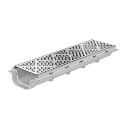 Canaleta peatonal con rejilla ac. inox, altura reducida 64 mm, ancho 130