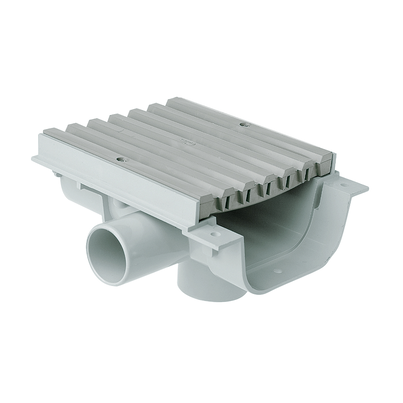 Canaleta transitable con rejilla y salidas pretroqueladas, altura reducida 64 mm, ancho 130
