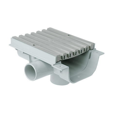 Canaleta transitable con rejilla y salidas pretroqueladas, altura reducida 64 mm, ancho 130