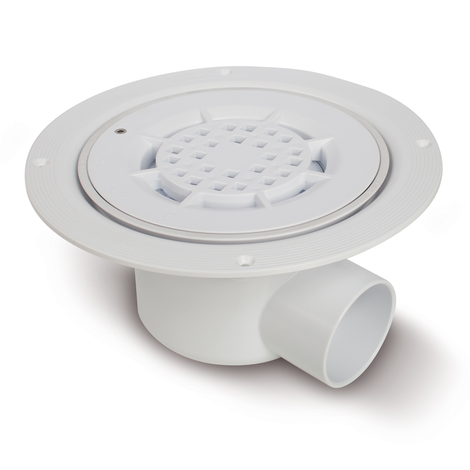 Sumidero sifónico con salida horizontal. Sifón 50 mm. Para instalación en suelos con revestimiento vinílico de hasta 3 mm de espesor. Rejilla en ABS blanco con bloqueo anti-vandálico.