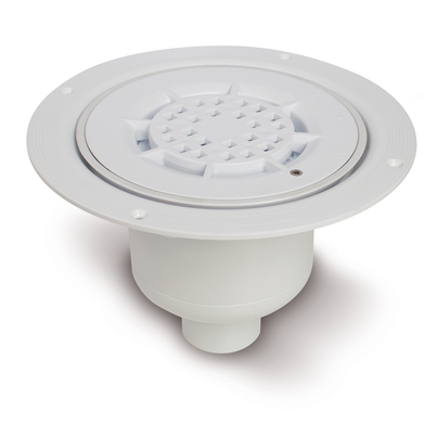 Sumidero sifónico con salida vertical. Sifón 50 mm. Para instalación en suelos con revestimiento vinílico de hasta 3 mm de espesor. Rejilla en ABS blanco con bloqueo anti-vandálico.
