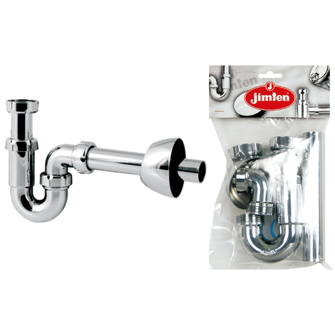 Sifón curvo extensible con racor, salida horizontal con alargadera 180 mm y plafón embellecedor