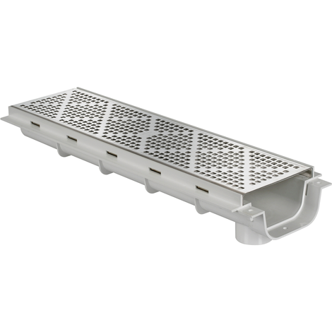 Canaleta peatonal con salida vertical pretorquelada Ø50 M, con rejilla ac. Inox. Altura reducida 64 mm, ancho 130