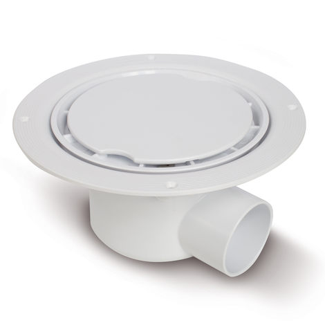 Sumidero sifónico con salida horizontal macho. Sifón 50 mm. Para instalación en suelos con revestimiento vinílico de hasta 3 mm de espesor. Capó en ABS blanco con bloqueo anti-vandálico.