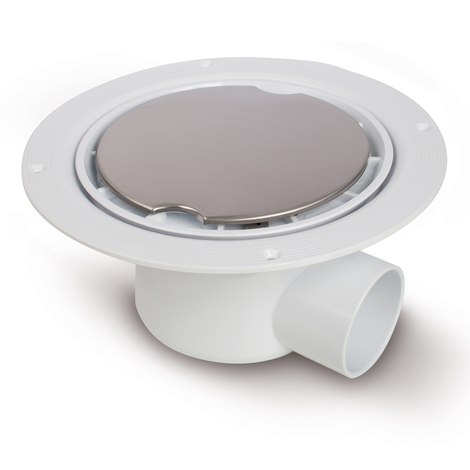 Sumidero sifónico con salida horizontal macho. Sifón 50 mm. Para instalación en suelos con revestimiento vinílico de hasta 3 mm de espesor. Capó en acero inoxidable con bloqueo anti-vandálic