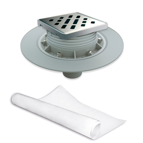 Sumidero para plato de ducha de obra, salida vertical. Rejilla 120 mm de Acero Inoxidable. Sifón 50 mm.Con lámina impermeabilizante de tela geotextil 2 x 1,5 m premontada.