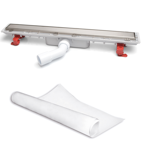 Canaleta Linnum con rejilla para plato de ducha de obra. Altura reducida. Sifón 30 mm. Ancho 50 mm. Salida orientable. Rejilla Soft. CERCO OCULTO y lámina impermeabilizante