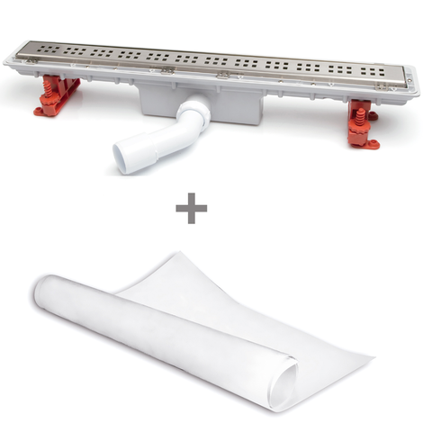 Canaleta Linnum para plato de ducha de obra. Sifón 50 mm. Salida orientable. Ancho 50 mm. Rejilla Classic. CERCO OCULTO y lámina impermeabilizante