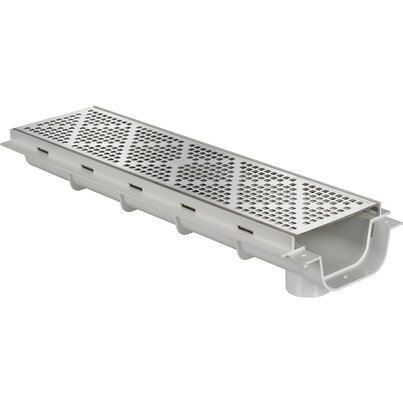 Canaleta peatonal con salida vertical pretorquelada Ø50 M, con rejilla ac. Inox. Altura reducida 64 mm, ancho 130