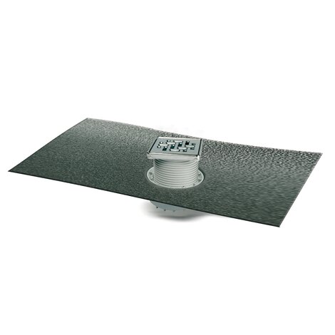 Sumidero sifónico para plato de ducha de obra, salida horizontal. Rejilla 100 mm. Sifón 50 mm. Con lámina impermeabilizante de PVC 2 x 1,5 m encolada. Sumidero sifónico para plato de ducha de obra, salida horizontal. Rejilla 100 mm. Sifón 50 mm. Con lámina impermeabilizante de PVC 2 x 1,5 m encolada.
