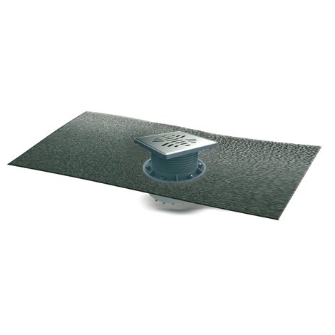 Sumidero para plato de ducha de obra, salida horizontal. Rejilla 150 mm de Acero Inoxidable. Sifón 50 mm. Con lámina impermeabilizante de PVC 2 x 1,5 m encolada. Sumidero para plato de ducha de obra, salida horizontal. Rejilla 150 mm de Acero Inoxidable. Sifón 50 mm. Con lámina impermeabilizante de PVC 2 x 1,5 m encolada.