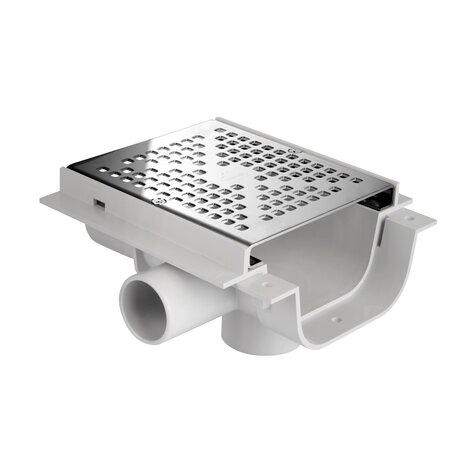 Canaleta peatonal con rejilla ac.inox y salidas pretroqueladas, altura reducida 64 mm, ancho 130 Canaleta peatonal con rejilla ac.inox y salidas pretroqueladas, altura reducida 64 mm, ancho 130