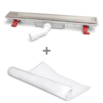 Canaleta Linnum con rejilla para plato de ducha de obra. Altura reducida. Sifón 30 mm. Ancho 50 mm. Salida orientable. Rejilla Soft. CERCO VISIBLE y lámina impermeabilizante