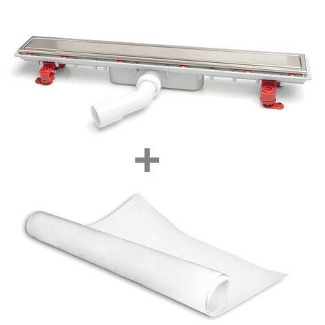 Canaleta Linnum con rejilla para plato de ducha de obra. Altura reducida. Sifón 30 mm. Ancho 50 mm. Salida orientable. Rejilla Soft. CERCO VISIBLE y lámina impermeabilizante Canaleta Linnum con rejilla para plato de ducha de obra. Altura reducida. Sifón 30 mm. Ancho 50 mm. Salida orientable. Rejilla Soft. CERCO VISIBLE y lámina impermeabilizante