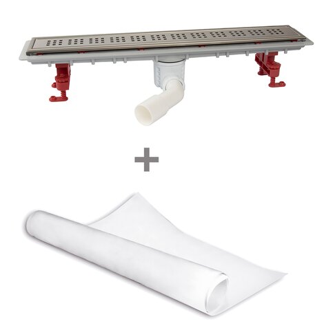 Canaleta Linnum para plato de ducha de obra. Salida orientable.Sifón 50 mm. Ancho 70. Rejilla CLASSIC. CERCO VISIBLE y tela impermeabilizante Canaleta Linnum para plato de ducha de obra. Salida orientable.Sifón 50 mm. Ancho 70. Rejilla CLASSIC. CERCO VISIBLE y tela impermeabilizante