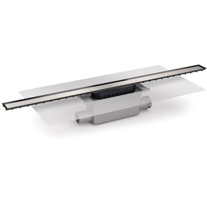 Canaleta Linnum de ancho 40 mm para plato de ducha de obra. Salida lateral encolar 40H/50M. Sifón 50 mm.Embellecedor acero inoxidable. Con lámina geotextil fijada