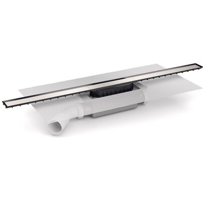 Canaleta Linnum de ancho 40 mm para plato de ducha de obra. Salida LATERAL ORIENTABLE 40H/50M. Sifón 30 mm. Con lámina geotextil fijada