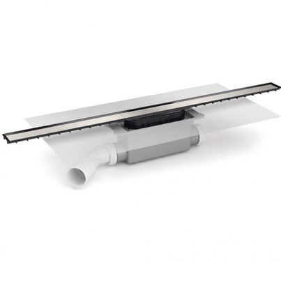 Canaleta Linnum de ancho 40 mm para plato de ducha de obra. Salida LATERAL ORIENTABLE 40H/50M. Sifón 50 mm. Con lámina geotextil fijada