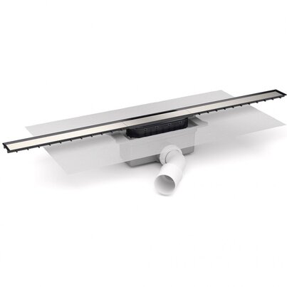 Canaleta Linnum de ancho 40 mm para plato de ducha de obra. Salida FRONTAL ORIENTABLE 40/50M. Sifón 30 mm. Con lámina geotextil fijada