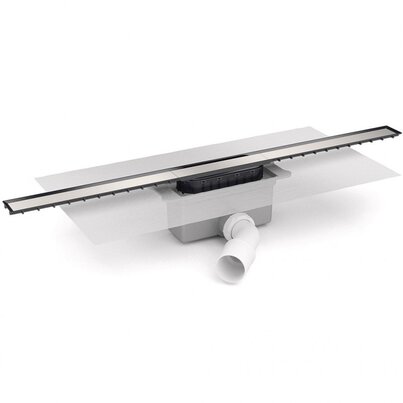 Canaleta Linnum de ancho 40 mm para plato de ducha de obra. Salida FRONTAL ORIENTABLE 40/50M. Sifón 50 mm. Con lámina geotextil fijada