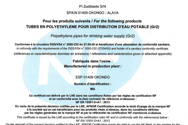 Afnor PE80 y PE100 agua potable GR2