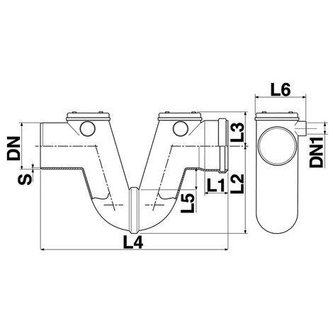 Sifón con registro macho/hembra, con junta labiada.