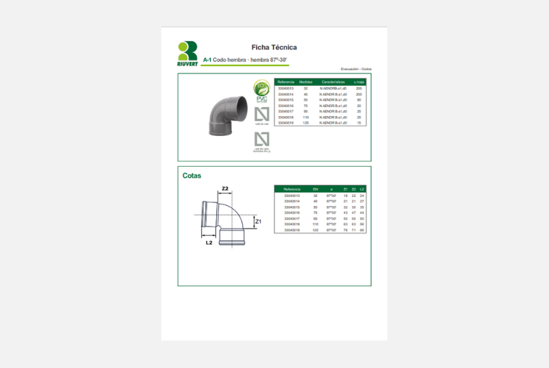 Ficha Técnica A-1 Codo hembra · hembra 87º-30'