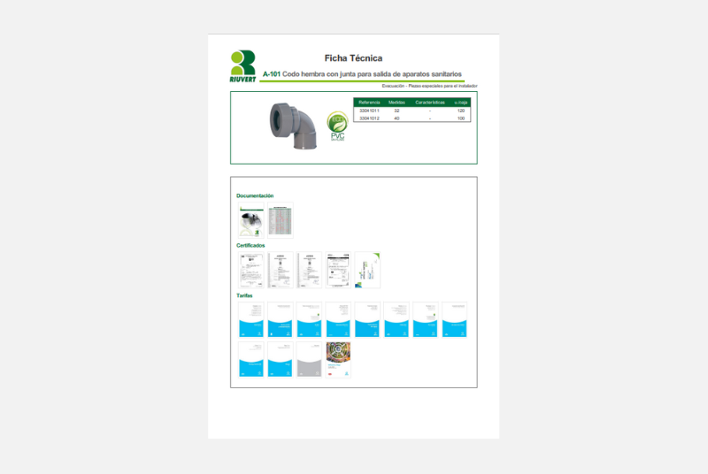 Ficha Técnica A-101 Codo hembra con junta para salida de aparatos sanitarios