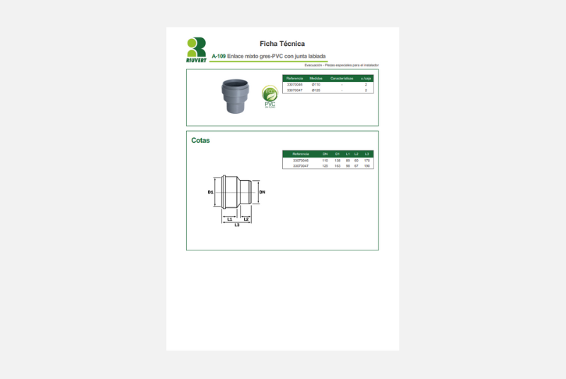 Ficha Técnica A-109 Enlace mixto gres-PVC con junta labiada