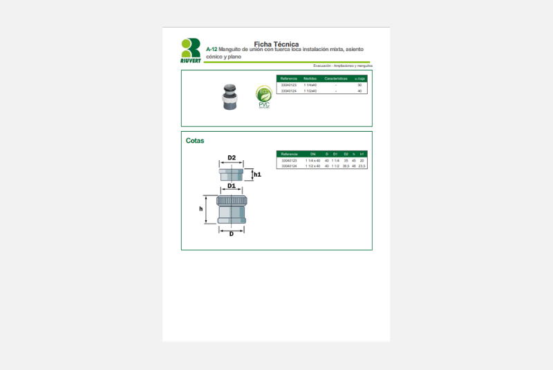 Ficha Técnica A-12 Manguito de unión con tuerca loca instalación mixta, asiento cónico y plano