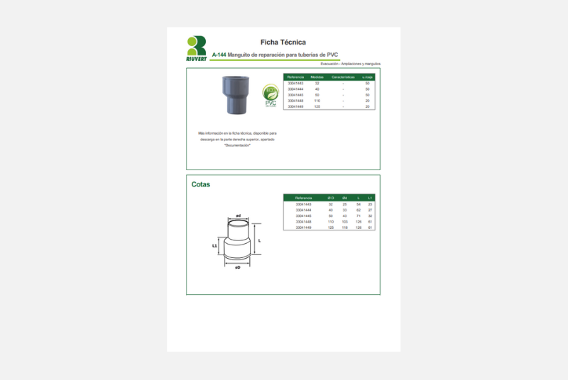 Ficha Técnica A-144 Manguito de reparación para tuberías de PVC