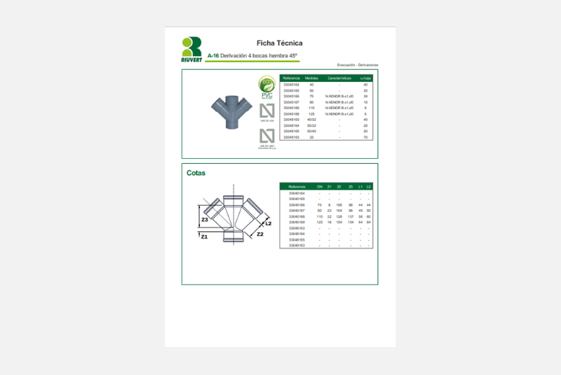 Ficha Técnica A-16 Derivación 4 bocas hembra 45º