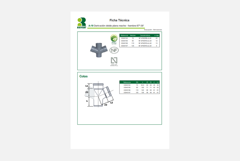 Ficha Técnica A-19 Derivación doble plana macho · hembra 67º-30'