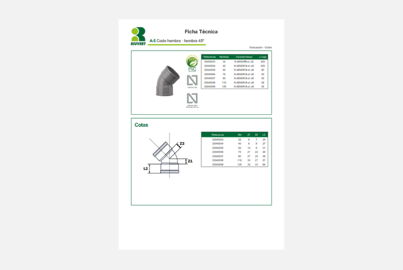 Ficha Técnica A-5 Codo hembra · hembra 45º