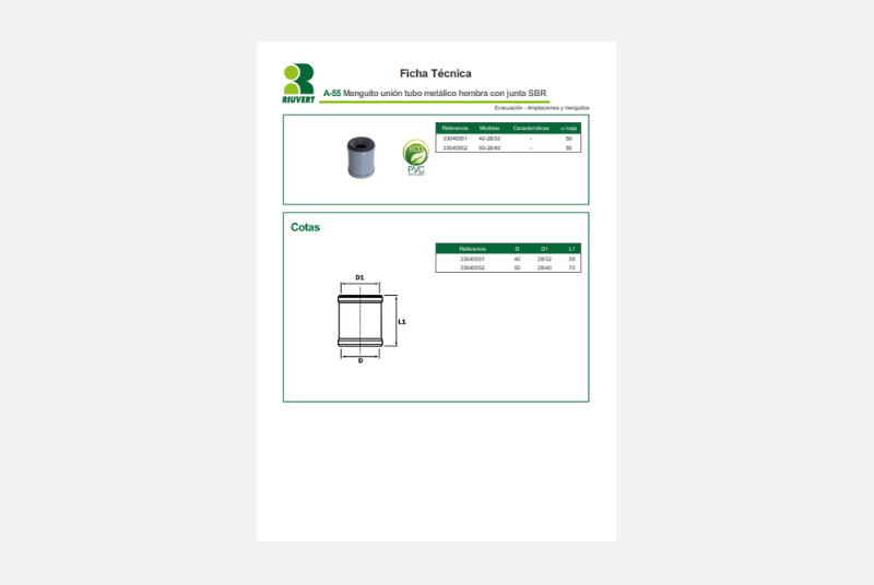 Ficha Técnica A-55 Manguito unión tubo metálico hembra con junta SBR