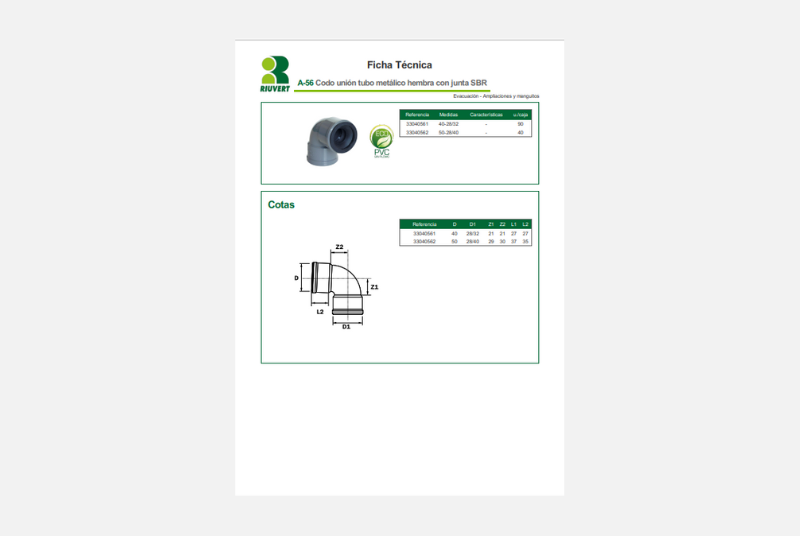 Ficha Técnica A-56 Codo unión tubo metálico hembra con junta SBR