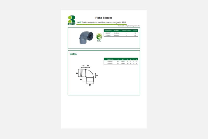 Ficha Técnica A-57 Codo unión tubo metálico macho con junta SBR